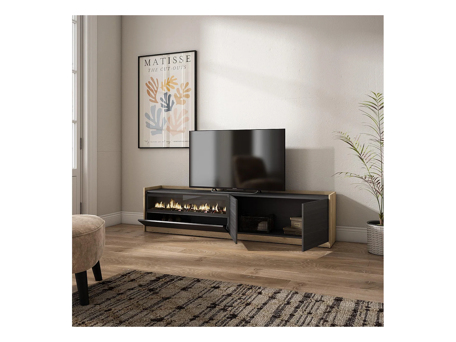 Meuble TV | Banc Télé, 207x50x37 cm, Pour les TV jusqu'à 80", Cheminée électrique, Noir et chêne