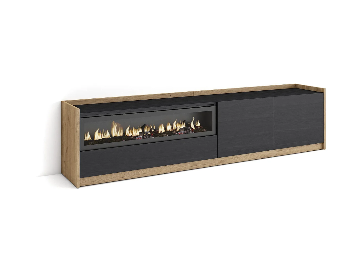 Meuble TV | Banc Télé, 207x50x37 cm, Pour les TV jusqu'à 80", Cheminée électrique, Noir et chêne