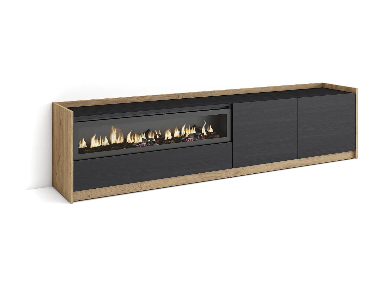 Meuble TV | Banc Télé, 207x50x37 cm, Pour les TV jusqu'à 80", Cheminée électrique, Noir et chêne