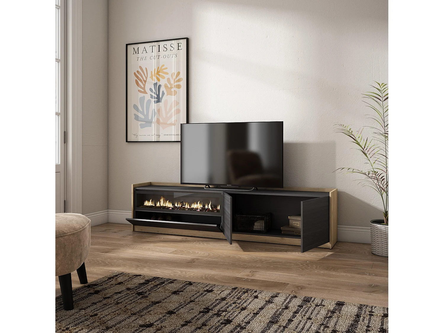 Meuble TV | Banc Télé, 207x50x37 cm, Pour les TV jusqu'à 80", Cheminée électrique, Noir et chêne