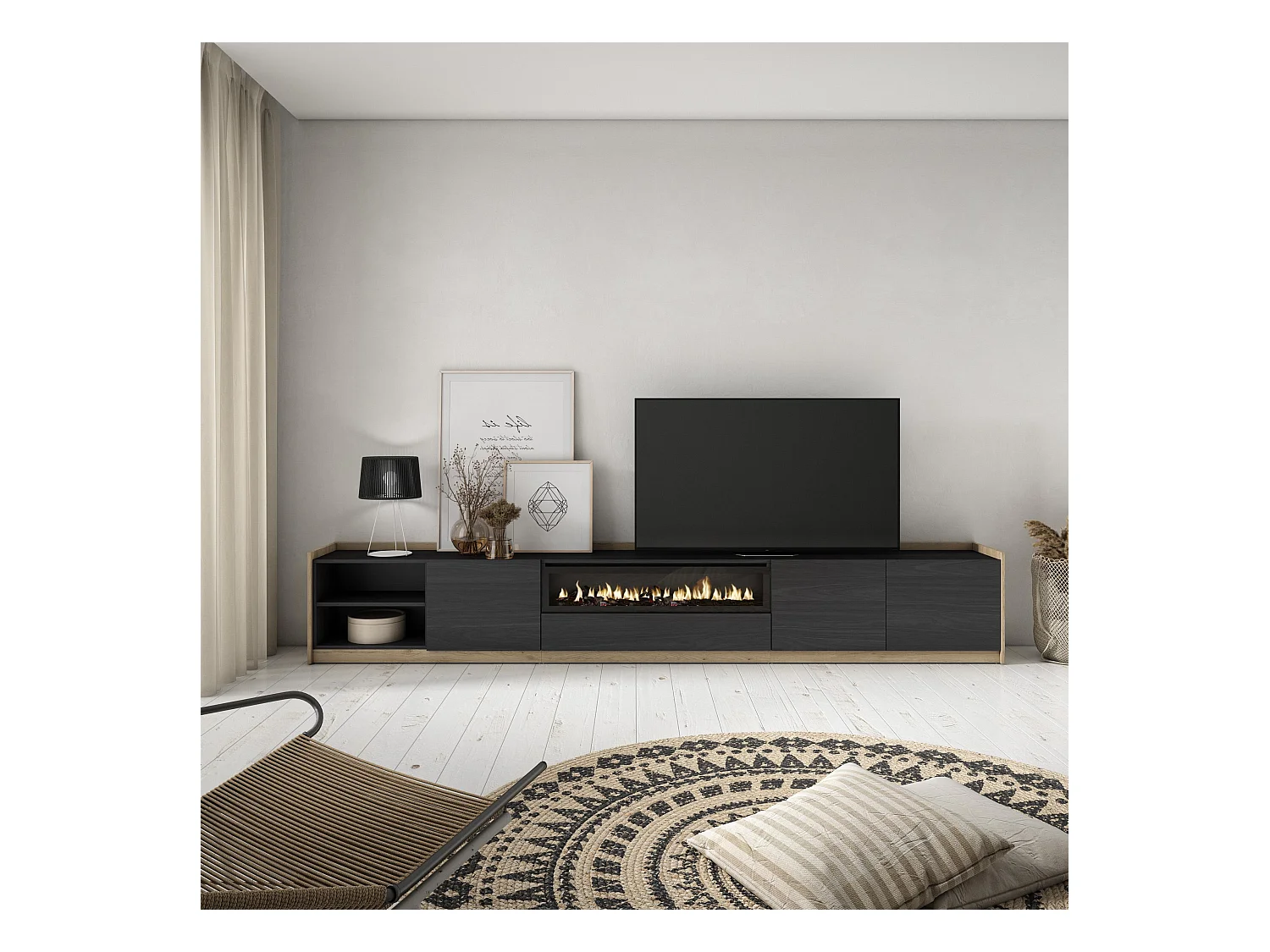 Meuble TV | Banc Télé, 310x50x37 cm, Pour les TV jusqu'à 80", Cheminée électrique, Noir et chêne
