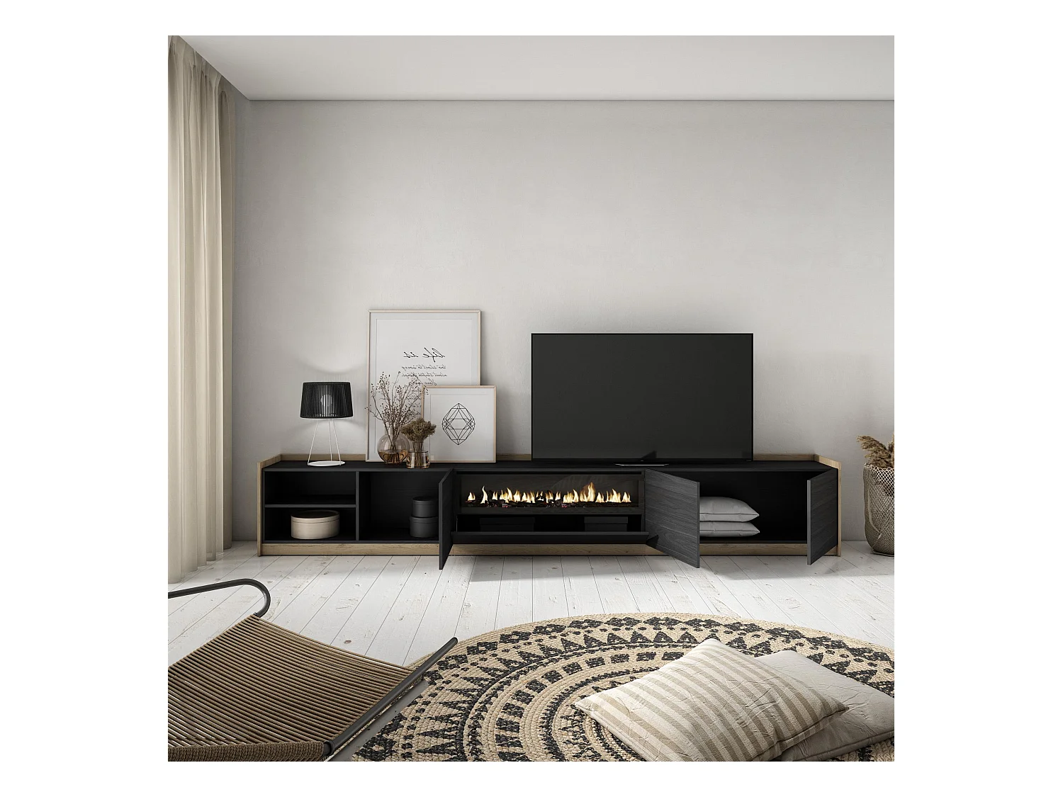 Meuble TV | Banc Télé, 310x50x37 cm, Pour les TV jusqu'à 80", Cheminée électrique, Noir et chêne