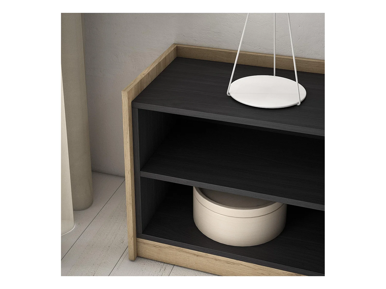 Meuble TV | Banc Télé, 310x50x37 cm, Pour les TV jusqu'à 80", Cheminée électrique, Noir et chêne