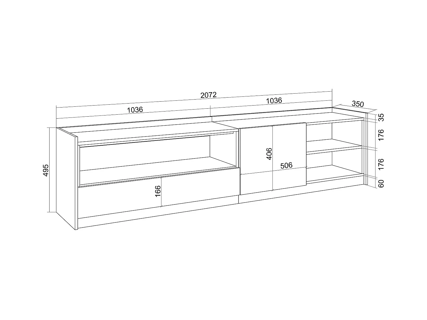 TV-Meubel, Lowboard, 207x50x37 cm, Voor tv's tot 80", TV-Tafel, Eiken/Zwart
