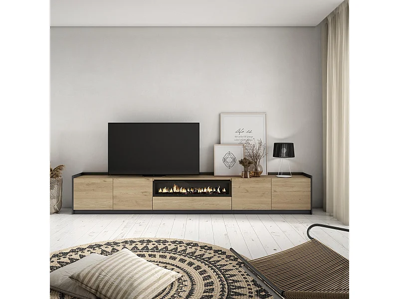TV-Schrank, Lowboard, 310x50x37 cm, Für TV-Geräte bis zu 80", Elektrokamin., Eiche Schwarz