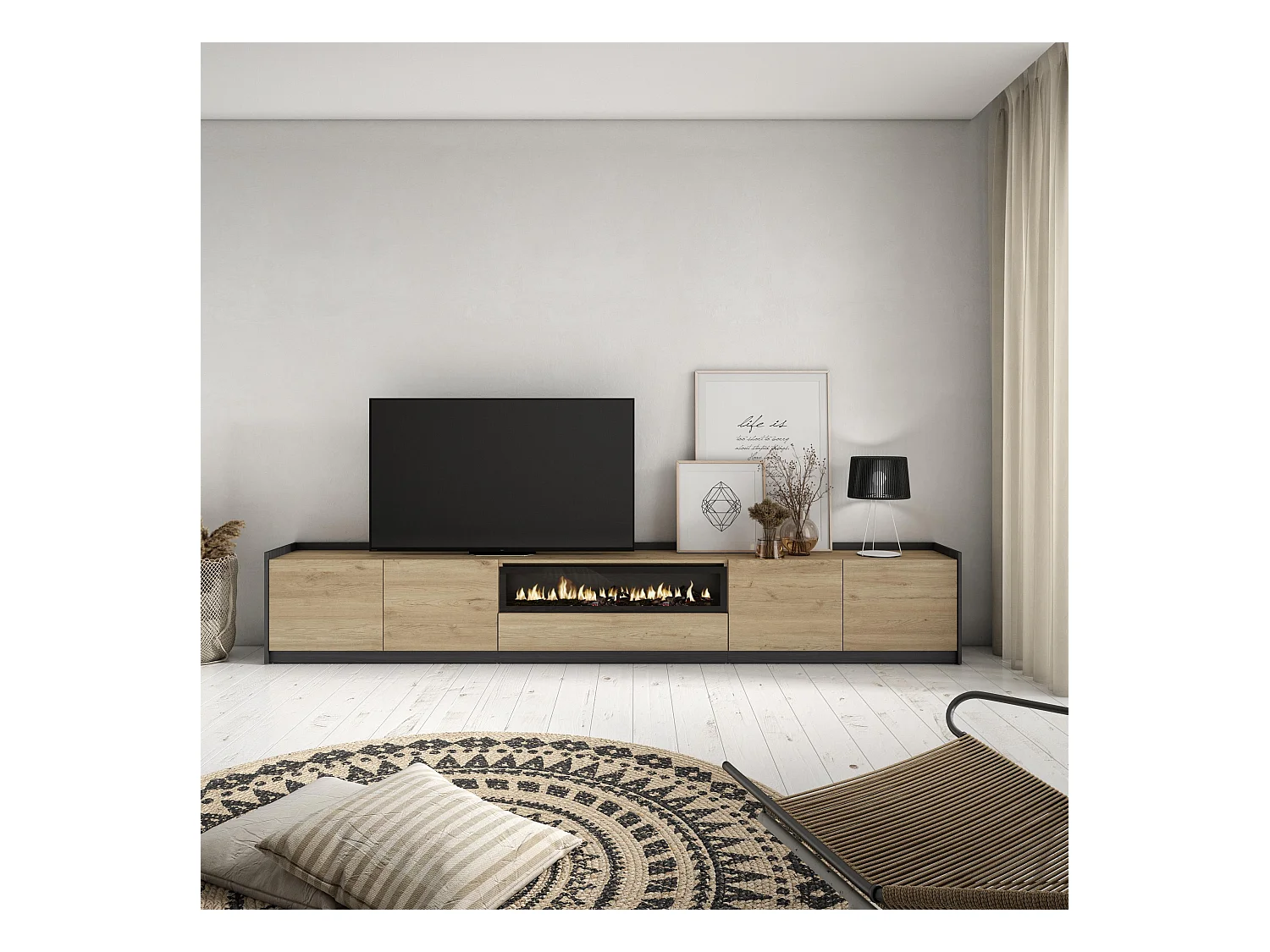 Meuble TV | Banc Télé, 310x50x37 cm, Pour les TV jusqu'à 80", Cheminée électrique, Chêne et noir