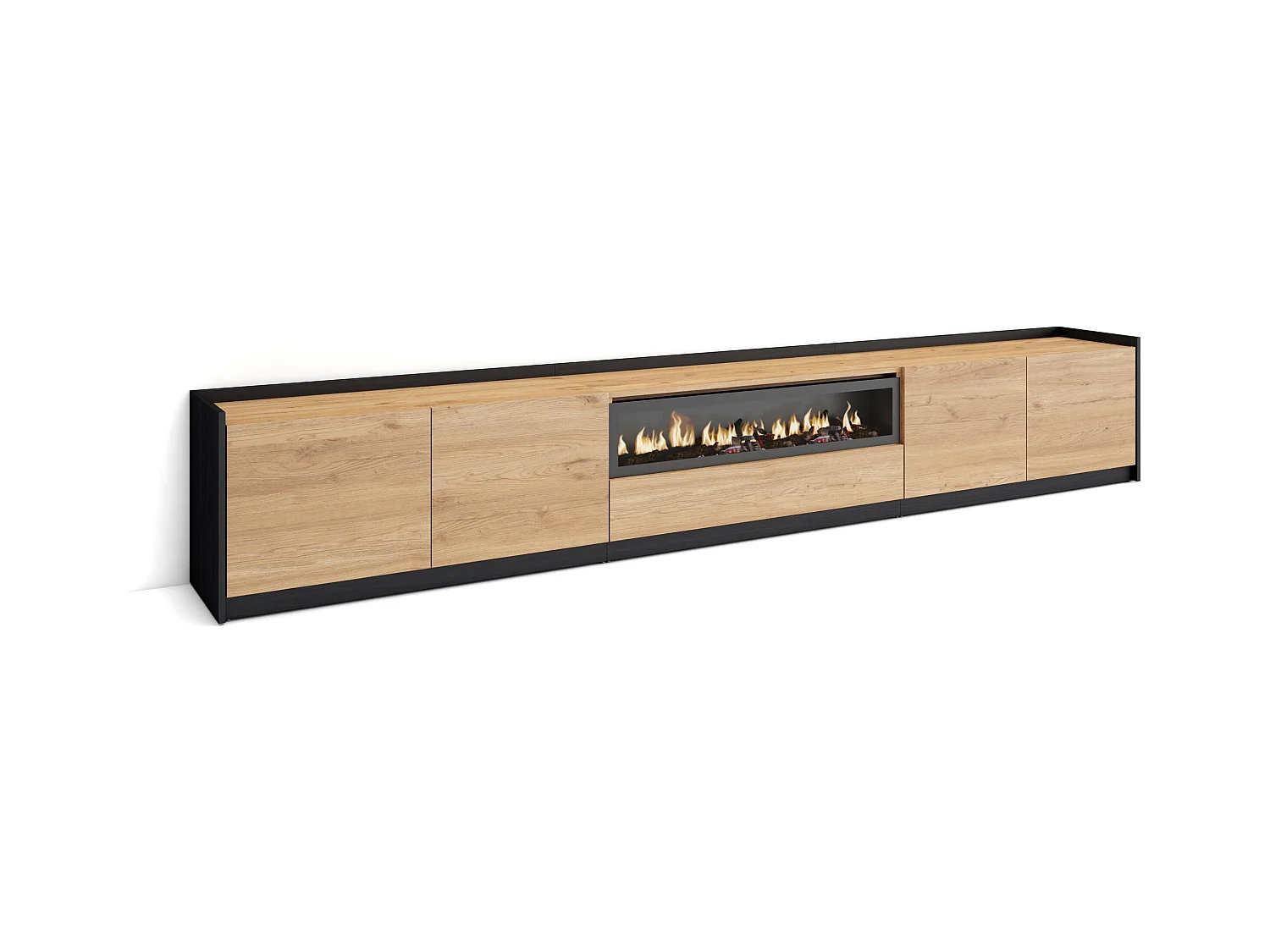 Meuble TV | Banc Télé, 310x50x37 cm, Pour les TV jusqu'à 80", Cheminée électrique, Chêne et noir