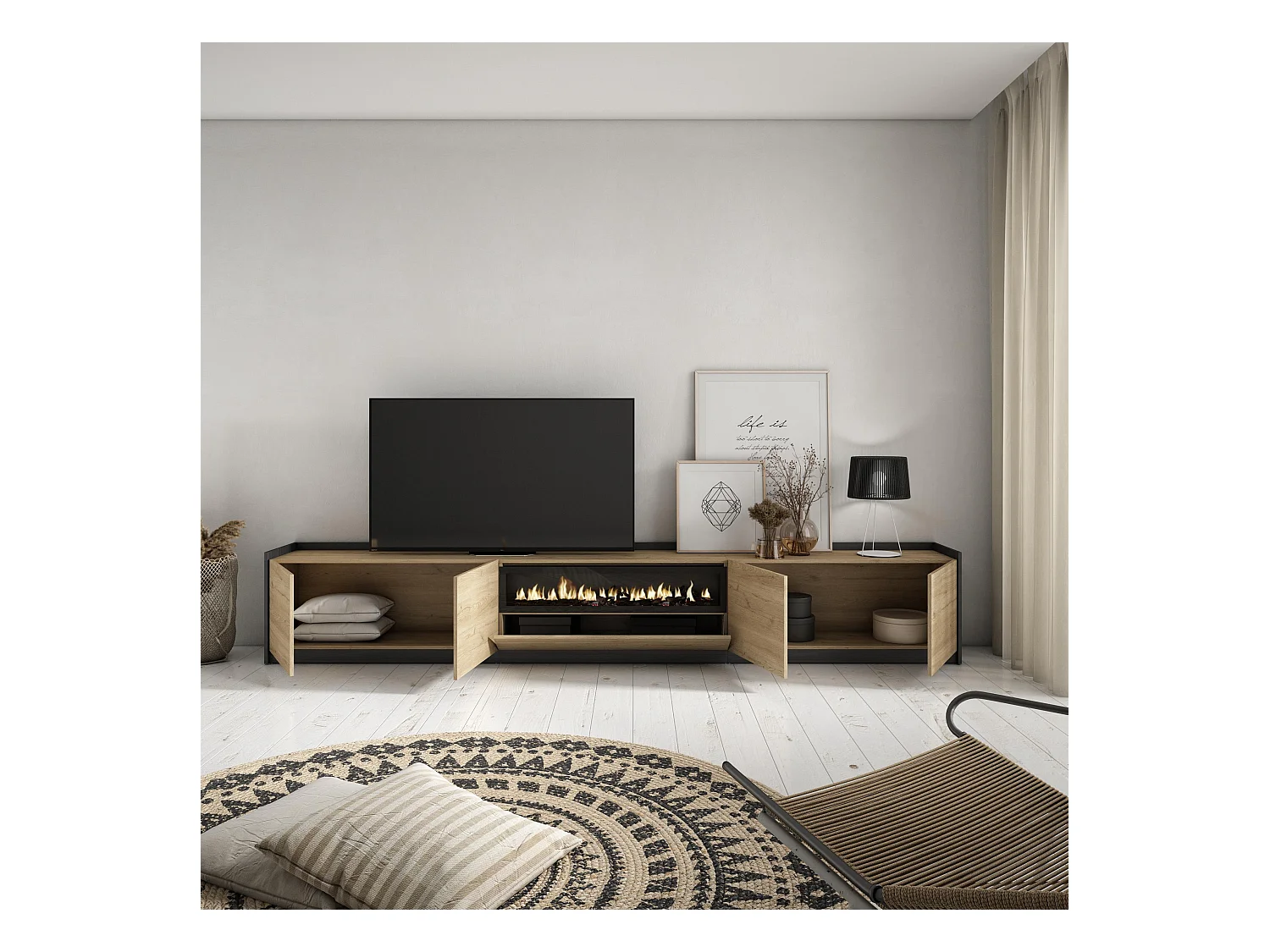 Meuble TV | Banc Télé, 310x50x37 cm, Pour les TV jusqu'à 80", Cheminée électrique, Chêne et noir