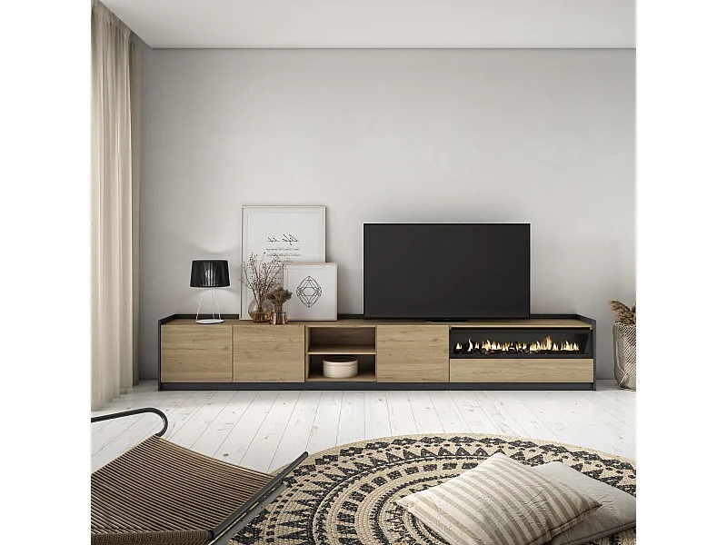 Meuble TV | Banc Télé, 310x50x37 cm, Pour les TV jusqu'à 80", Cheminée électrique, Chêne et noir