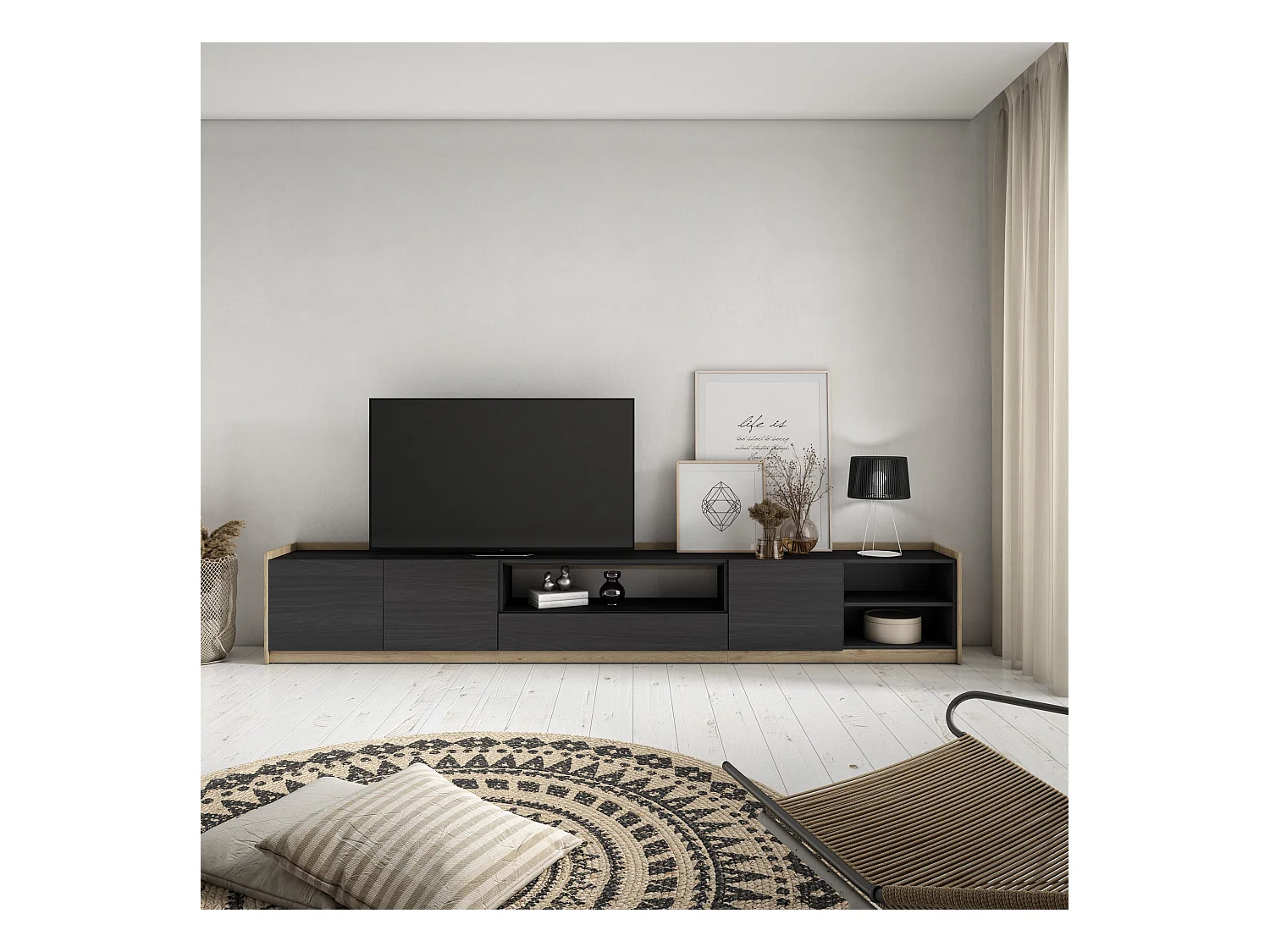 Meuble TV | Banc Télé, 310x50x37 cm, Pour les TV jusqu'à 80", Meubles de salon, Noir et chêne