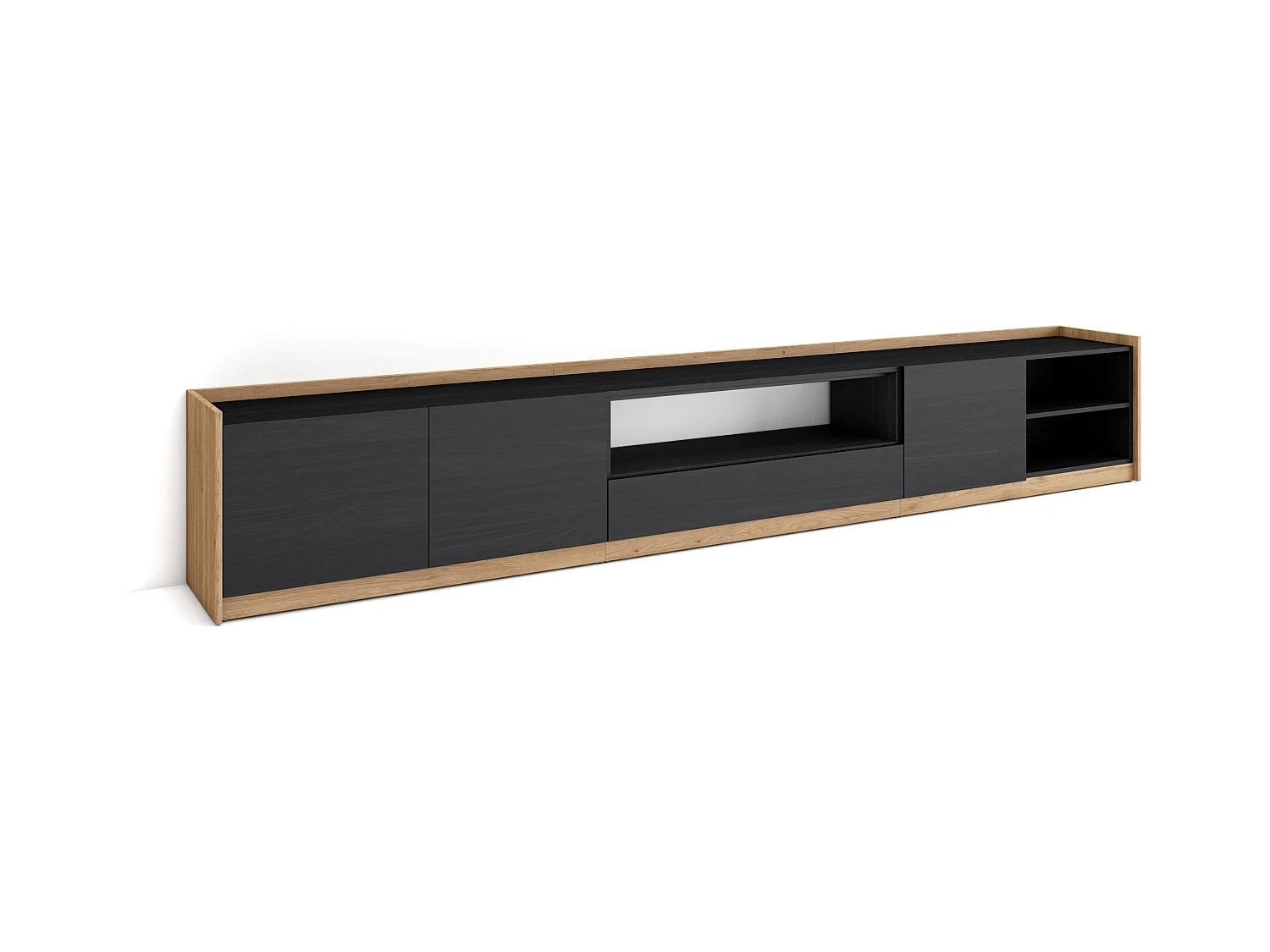 Meuble TV | Banc Télé, 310x50x37 cm, Pour les TV jusqu'à 80", Meubles de salon, Noir et chêne