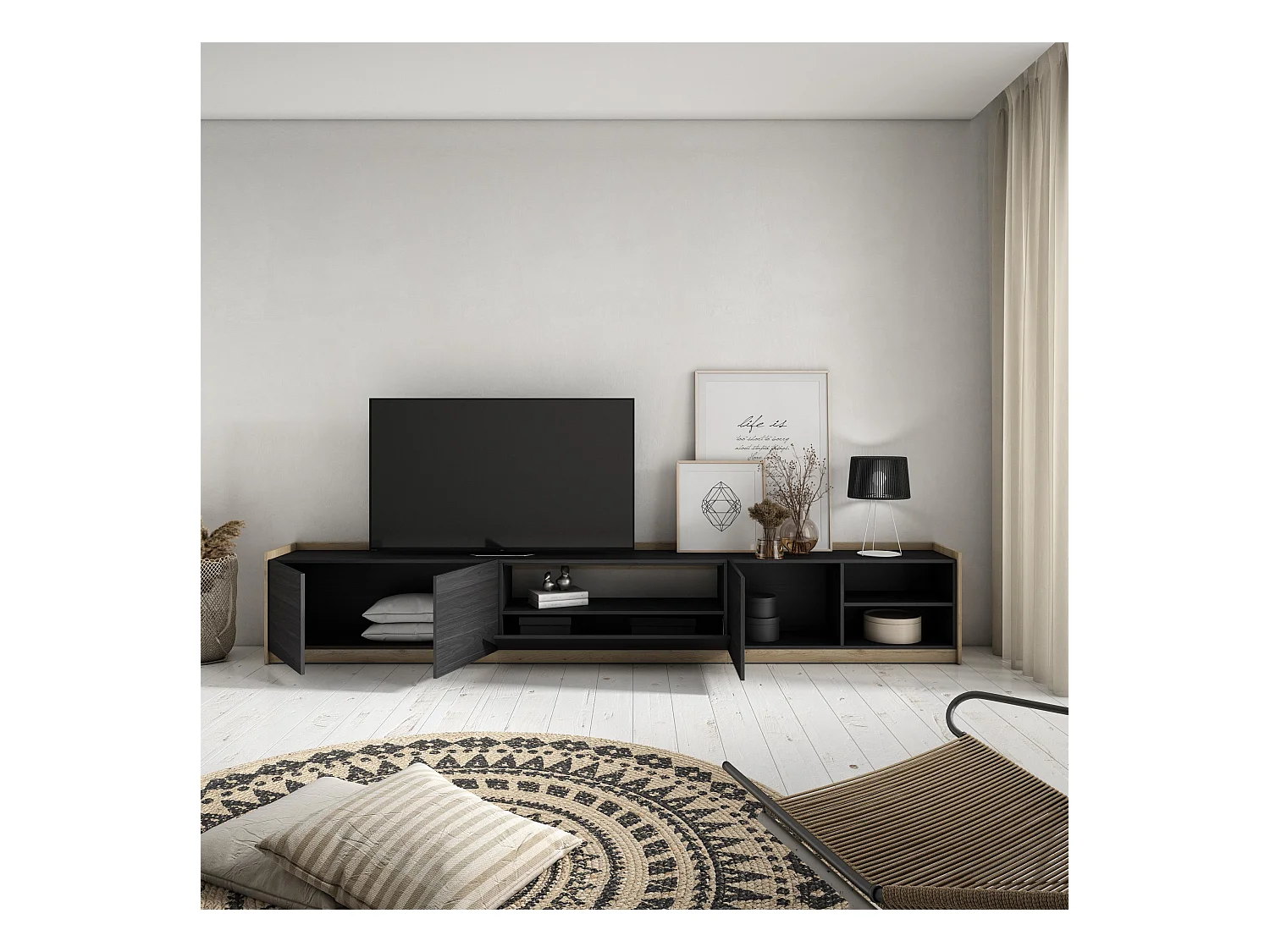 Meuble TV | Banc Télé, 310x50x37 cm, Pour les TV jusqu'à 80", Meubles de salon, Noir et chêne