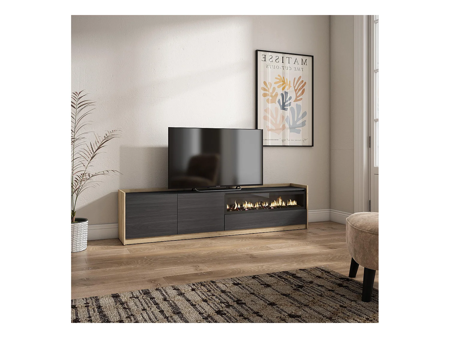 TV-Meubel, Lowboard, 207x50x37 cm, Voor tv's tot 80", Elektrische haard, Zwart/Eiken