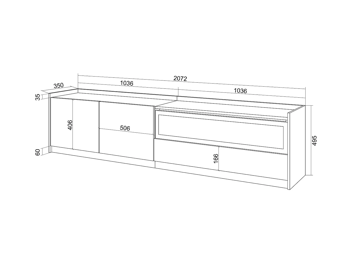 TV-Meubel, Lowboard, 207x50x37 cm, Voor tv's tot 80", Elektrische haard, Zwart/Eiken