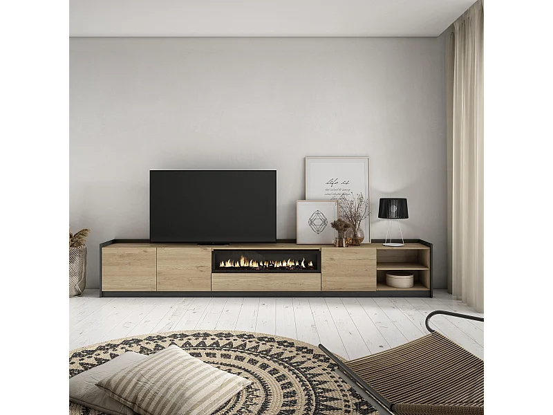 Meuble TV | Banc Télé, 310x50x37 cm, Pour les TV jusqu'à 80", Cheminée électrique, Chêne et noir