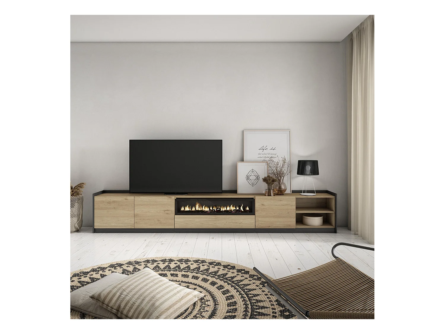 TV-Schrank, Lowboard, 310x50x37 cm, Für TV-Geräte bis zu 80", Elektrokamin., Eiche Schwarz