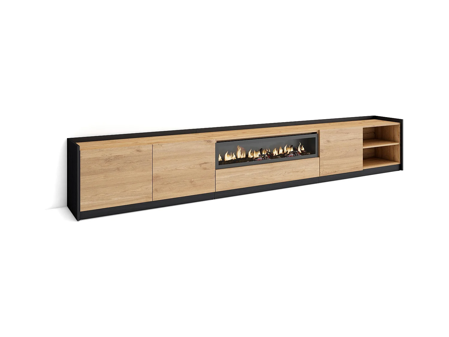 TV-Schrank, Lowboard, 310x50x37 cm, Für TV-Geräte bis zu 80", Elektrokamin., Eiche Schwarz