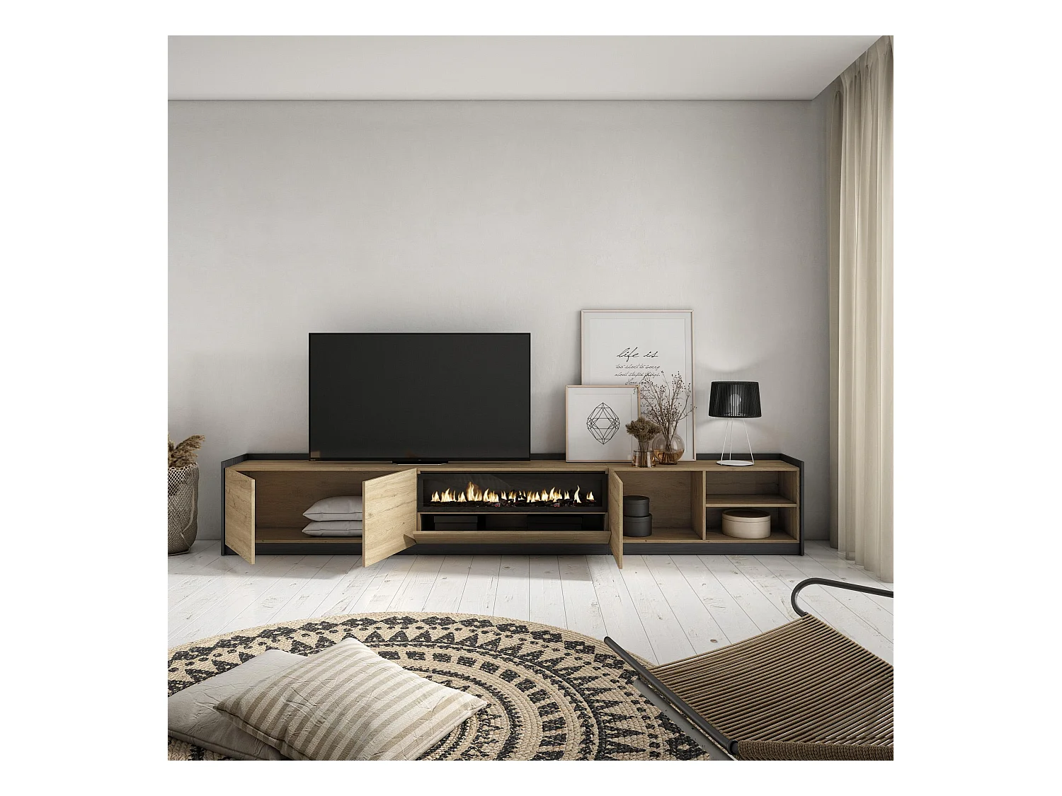 TV-Schrank, Lowboard, 310x50x37 cm, Für TV-Geräte bis zu 80", Elektrokamin., Eiche Schwarz