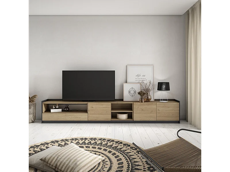 Móvel de TV, 310x50x37 cm, Para televisores até 80", Estante para TV, Carvalho e preto