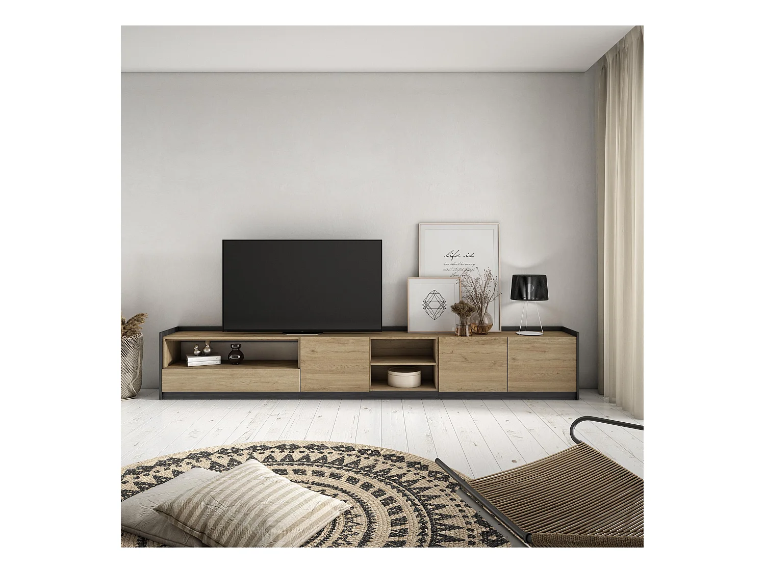 Móvel de TV, 310x50x37 cm, Para televisores até 80", Estante para TV, Carvalho e preto