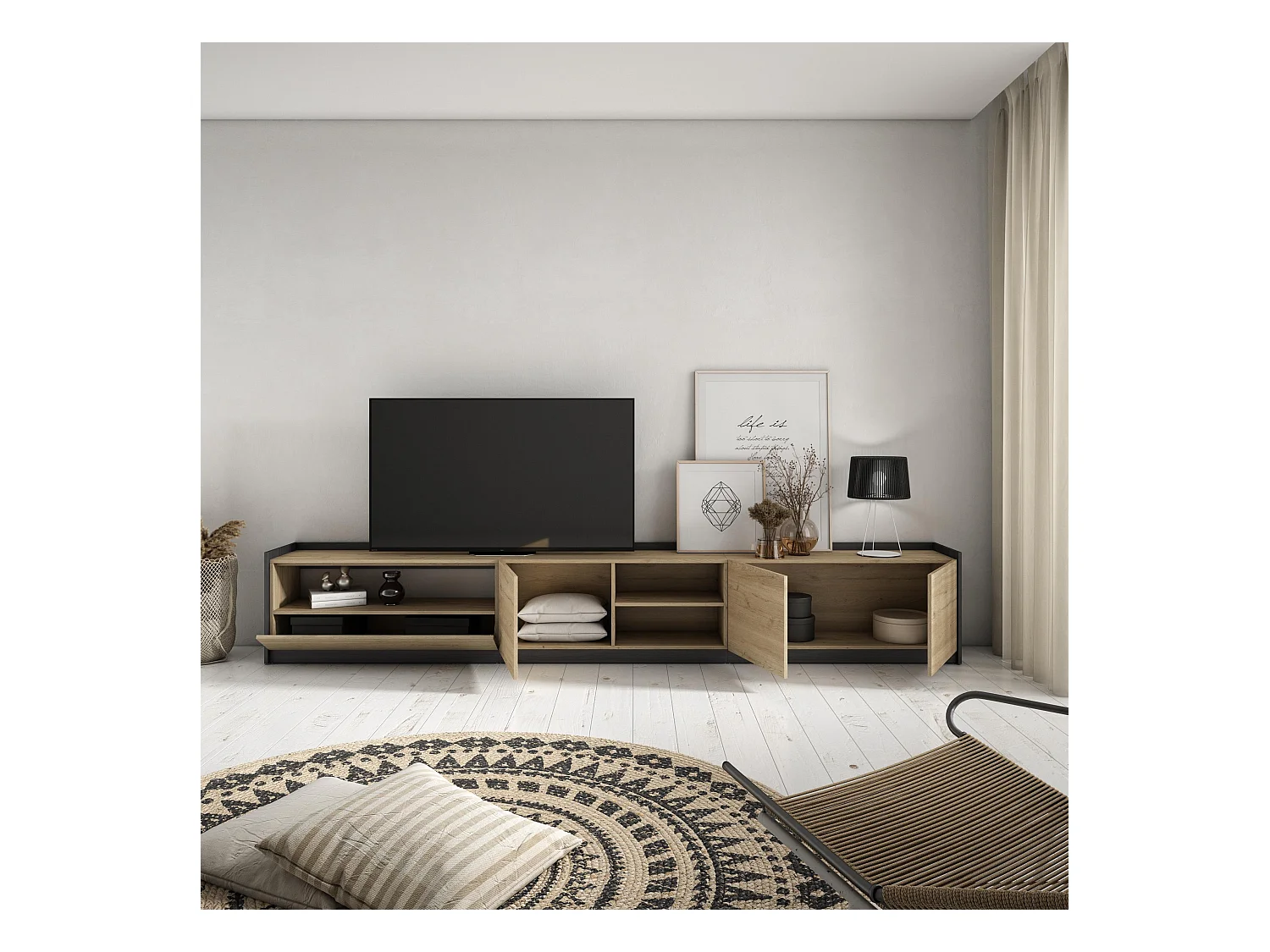 Móvel de TV, 310x50x37 cm, Para televisores até 80", Estante para TV, Carvalho e preto