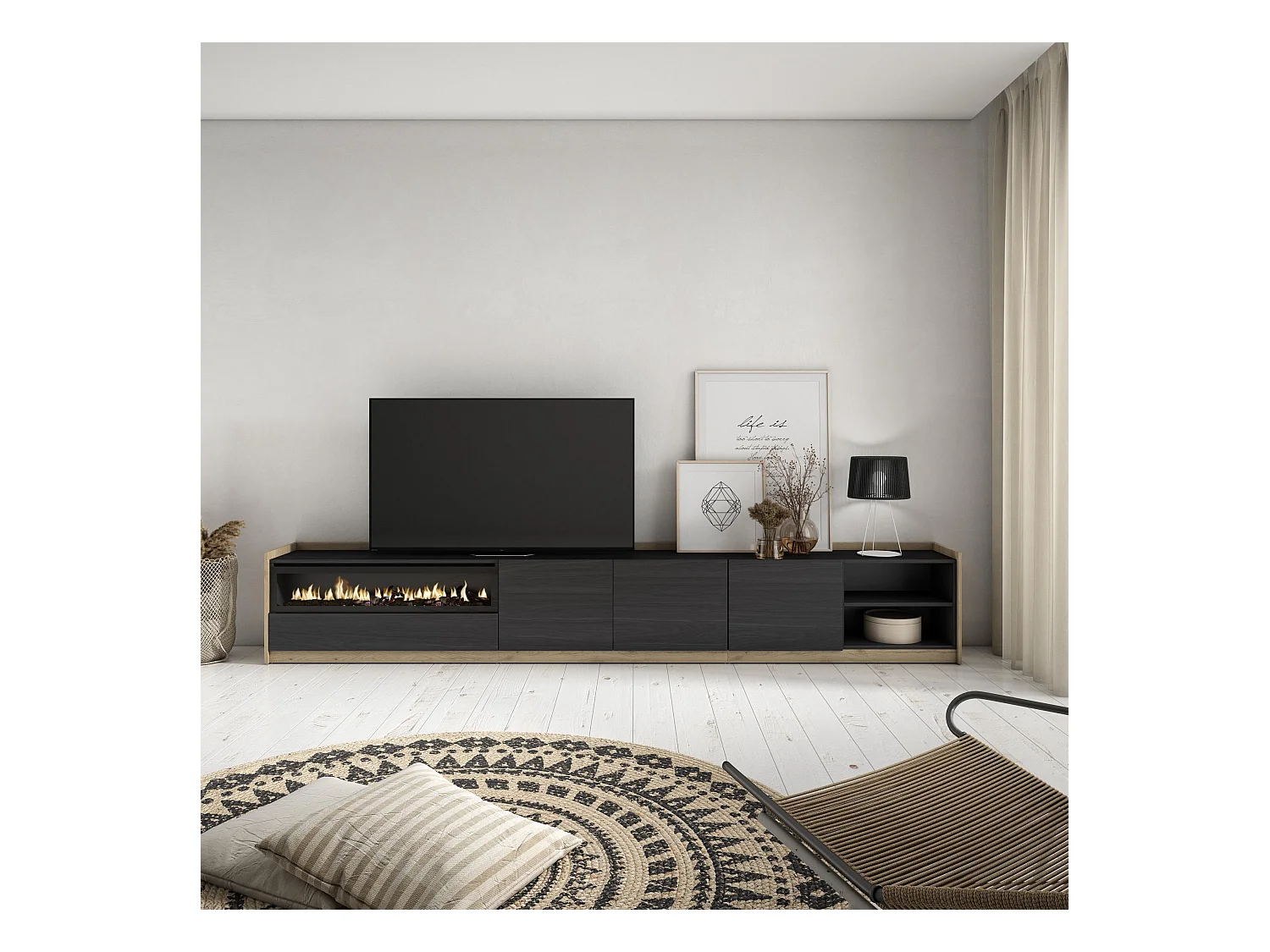 Meuble TV | Banc Télé, 310x50x37 cm, Pour les TV jusqu'à 80", Cheminée électrique, Noir et chêne