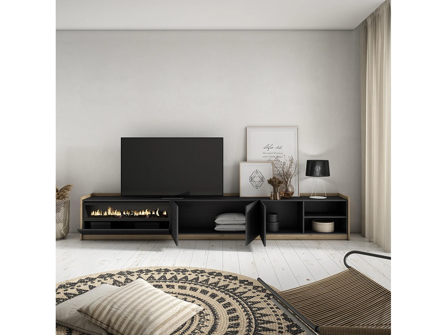 Meuble TV | Banc Télé, 310x50x37 cm, Pour les TV jusqu'à 80", Cheminée électrique, Noir et chêne