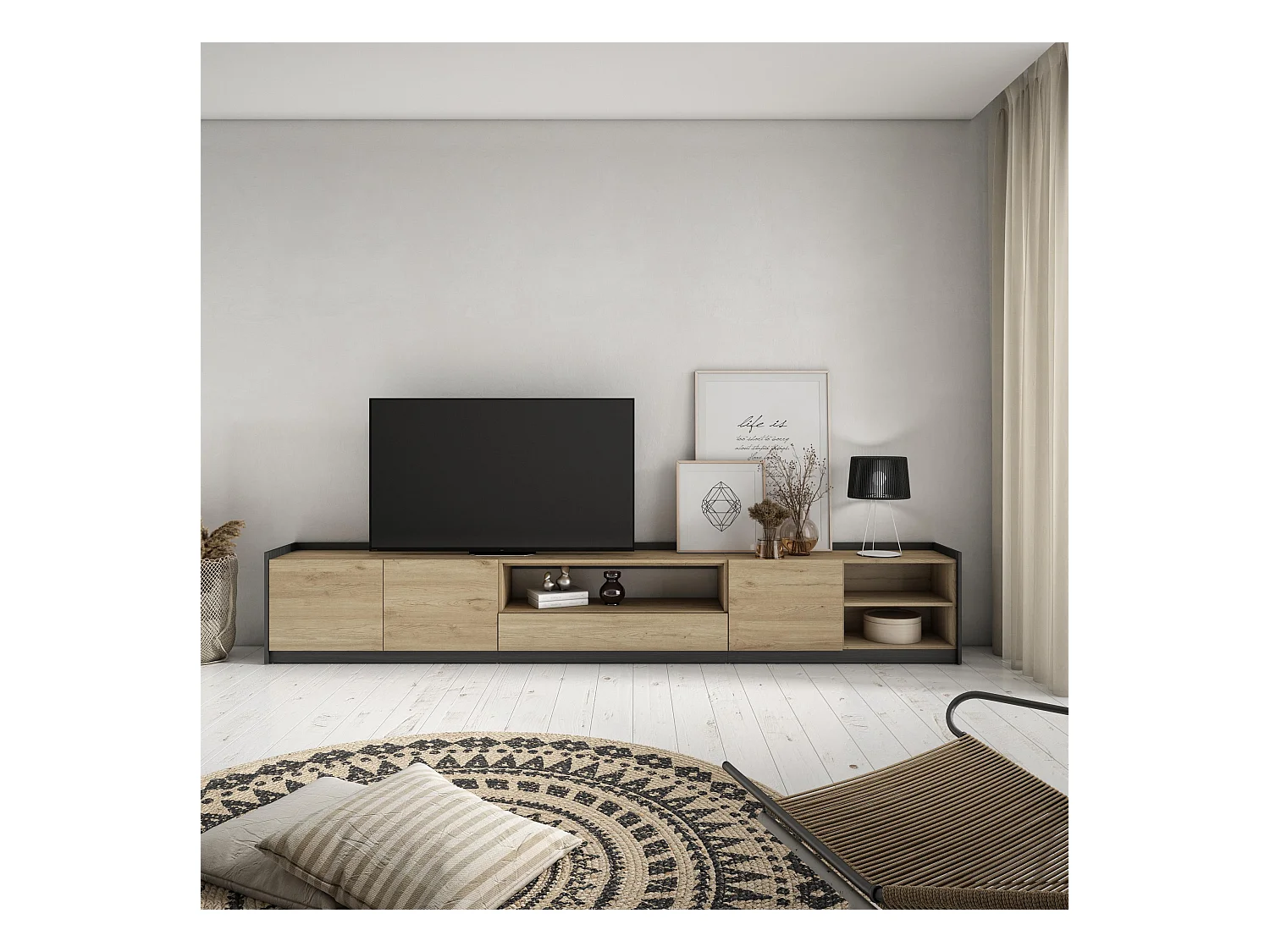 Meuble TV | Banc Télé, 310x50x37 cm, Pour les TV jusqu'à 80", Meubles de salon, Chêne et noir
