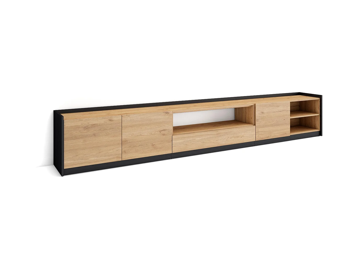 Meuble TV | Banc Télé, 310x50x37 cm, Pour les TV jusqu'à 80", Meubles de salon, Chêne et noir