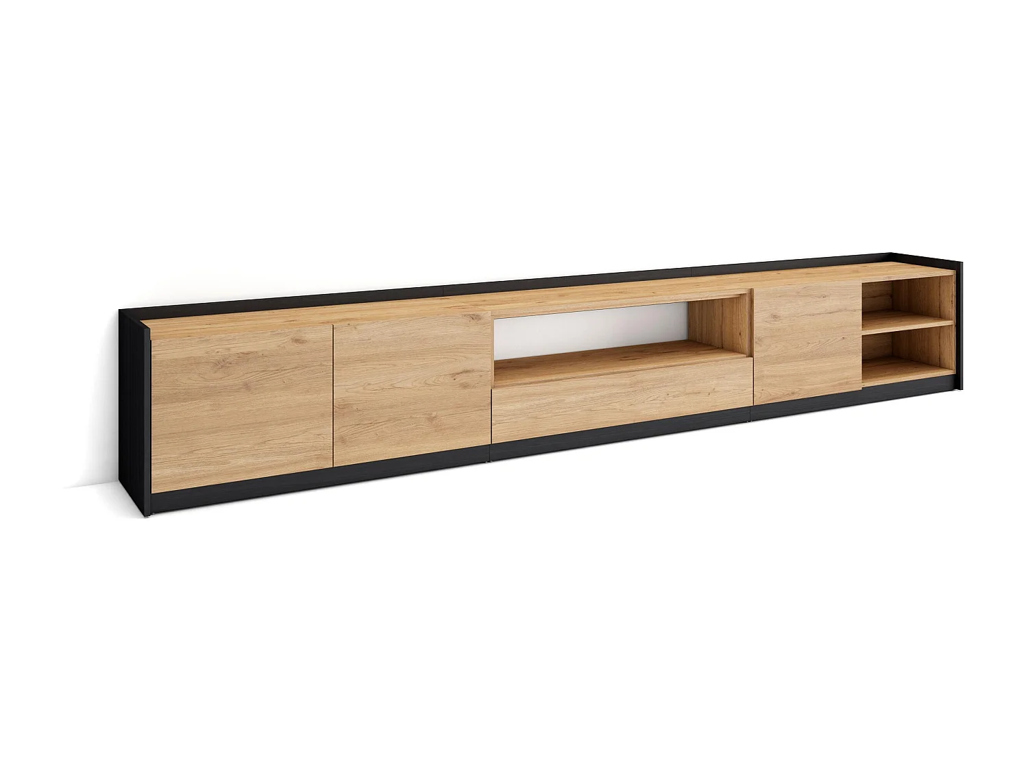 Meuble TV | Banc Télé, 310x50x37 cm, Pour les TV jusqu'à 80", Meubles de salon, Chêne et noir