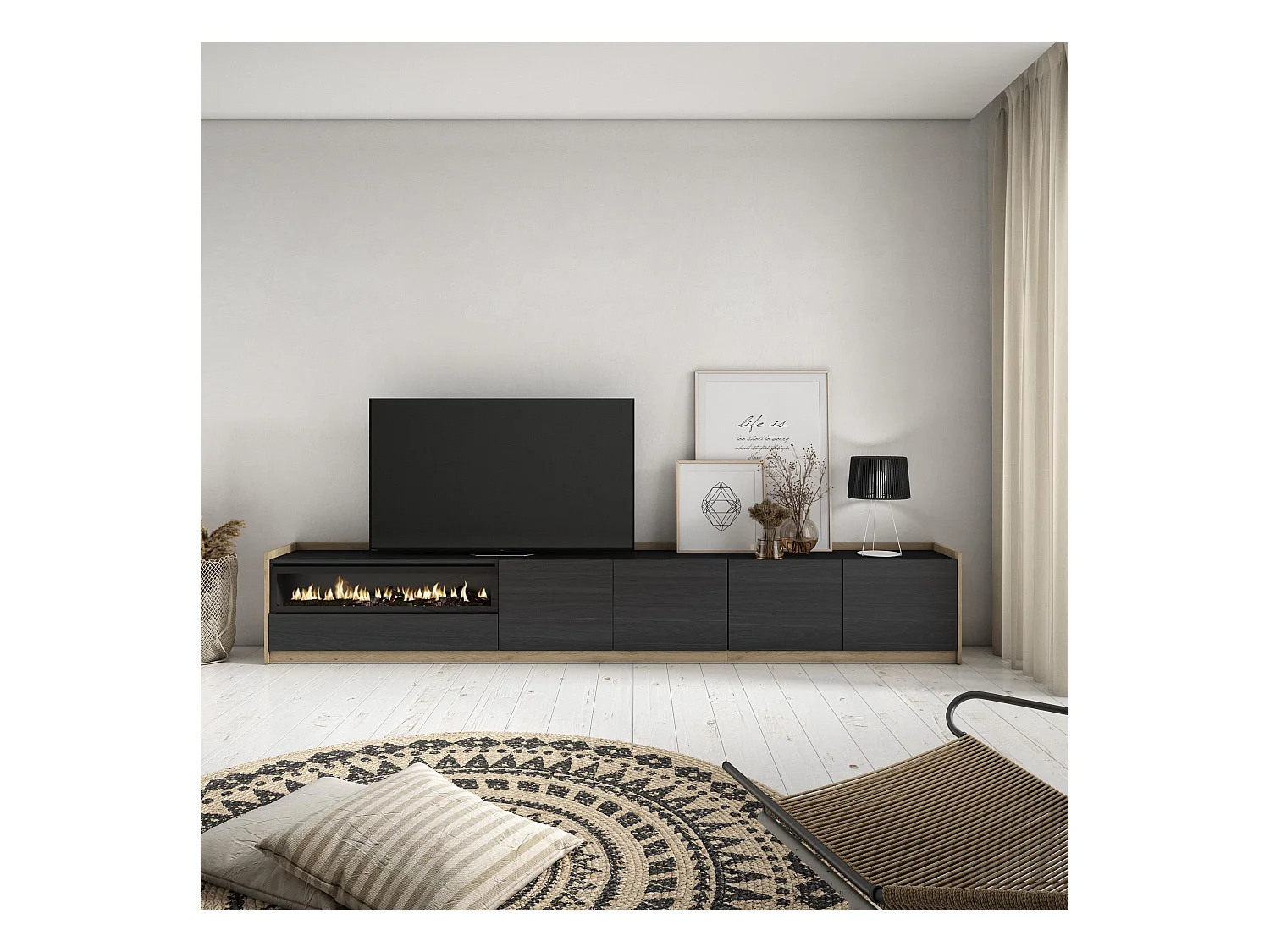 Meuble TV | Banc Télé, 310x50x37 cm, Pour les TV jusqu'à 80", Cheminée électrique, Noir et chêne