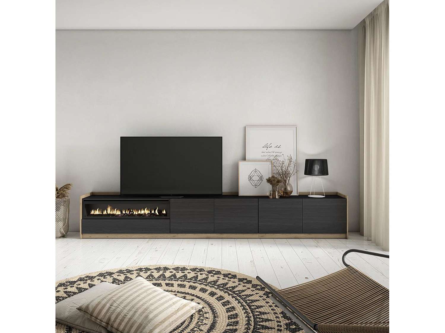 Meuble TV | Banc Télé, 310x50x37 cm, Pour les TV jusqu'à 80", Cheminée électrique, Noir et chêne
