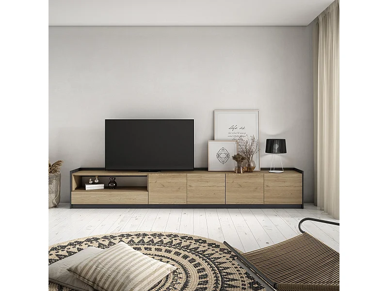 Meuble TV | Banc Télé, 310x50x37 cm, Pour les TV jusqu'à 80", Meubles de salon, Chêne et noir