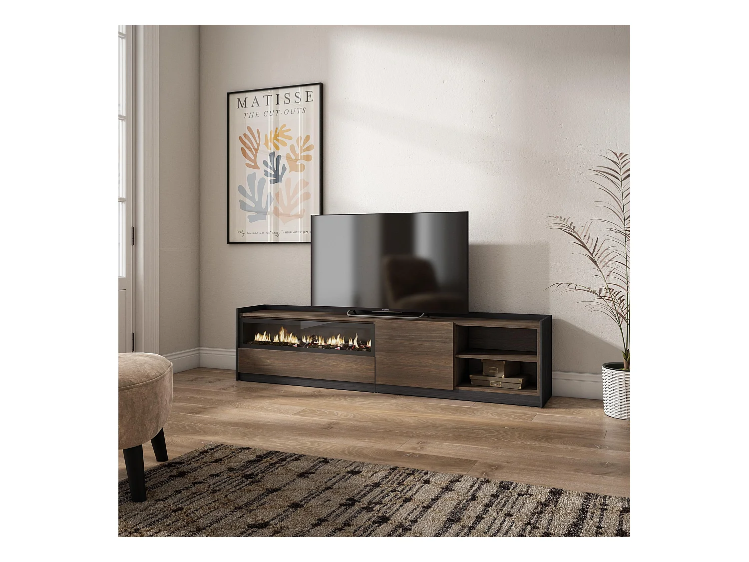 Meuble TV | Banc Télé, 207x50x37 cm, Pour les TV jusqu'à 80", Cheminée électrique, Chêne foncé et Noir