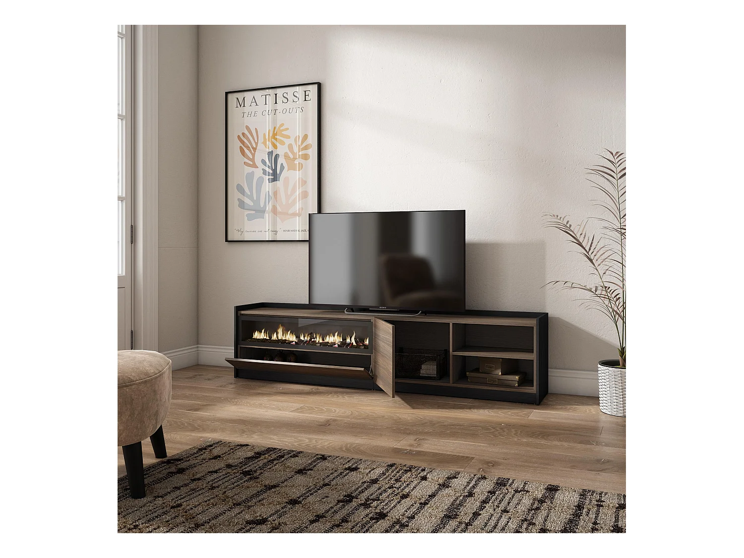 Meuble TV | Banc Télé, 207x50x37 cm, Pour les TV jusqu'à 80", Cheminée électrique, Chêne foncé et Noir