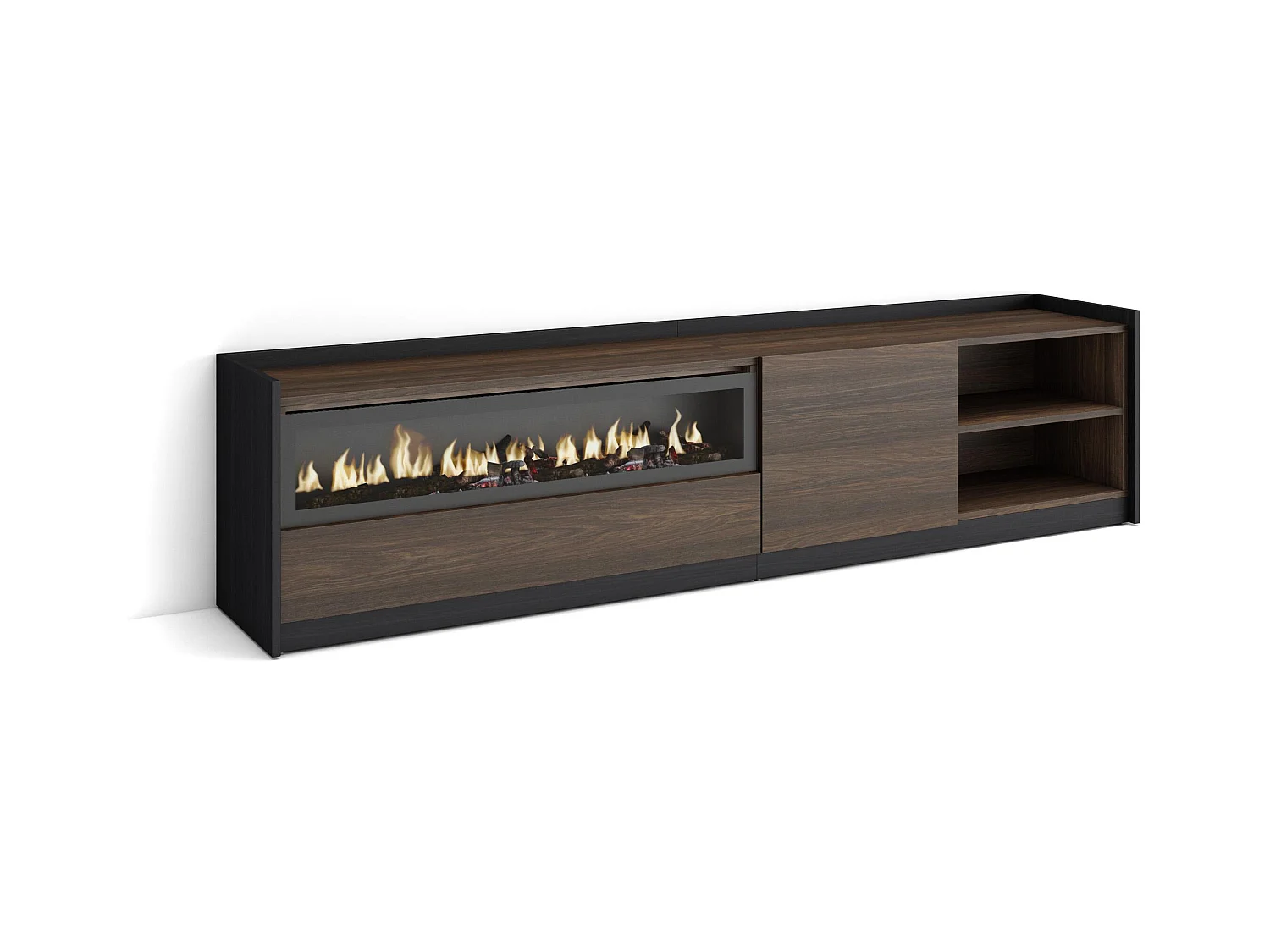 Mobile TV Soggiorno, 207x50x37 cm, Per TV fino a 80", Camino elettrico, Rovere scuro e Nero