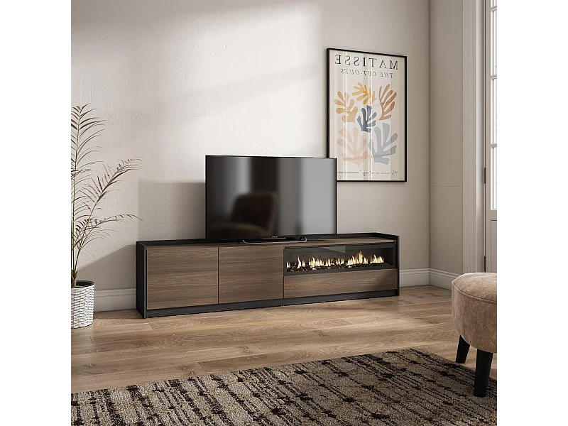 Meuble TV | Banc Télé, 207x50x37 cm, Pour les TV jusqu'à 80", Cheminée électrique, Chêne foncé et Noir