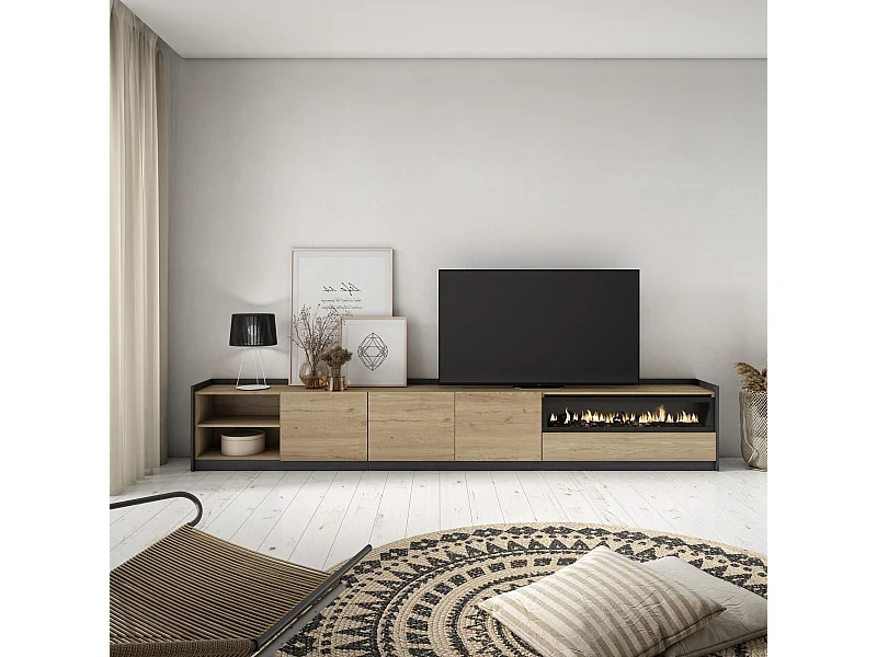 Meuble TV | Banc Télé, 310x50x37 cm, Pour les TV jusqu'à 80", Cheminée électrique, Chêne et noir