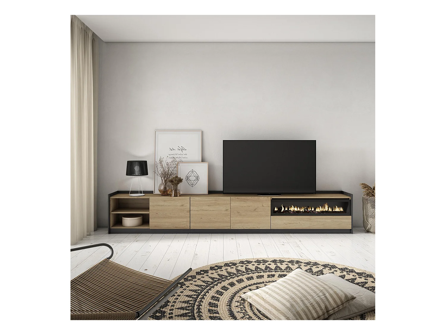 Meuble TV | Banc Télé, 310x50x37 cm, Pour les TV jusqu'à 80", Cheminée électrique, Chêne et noir