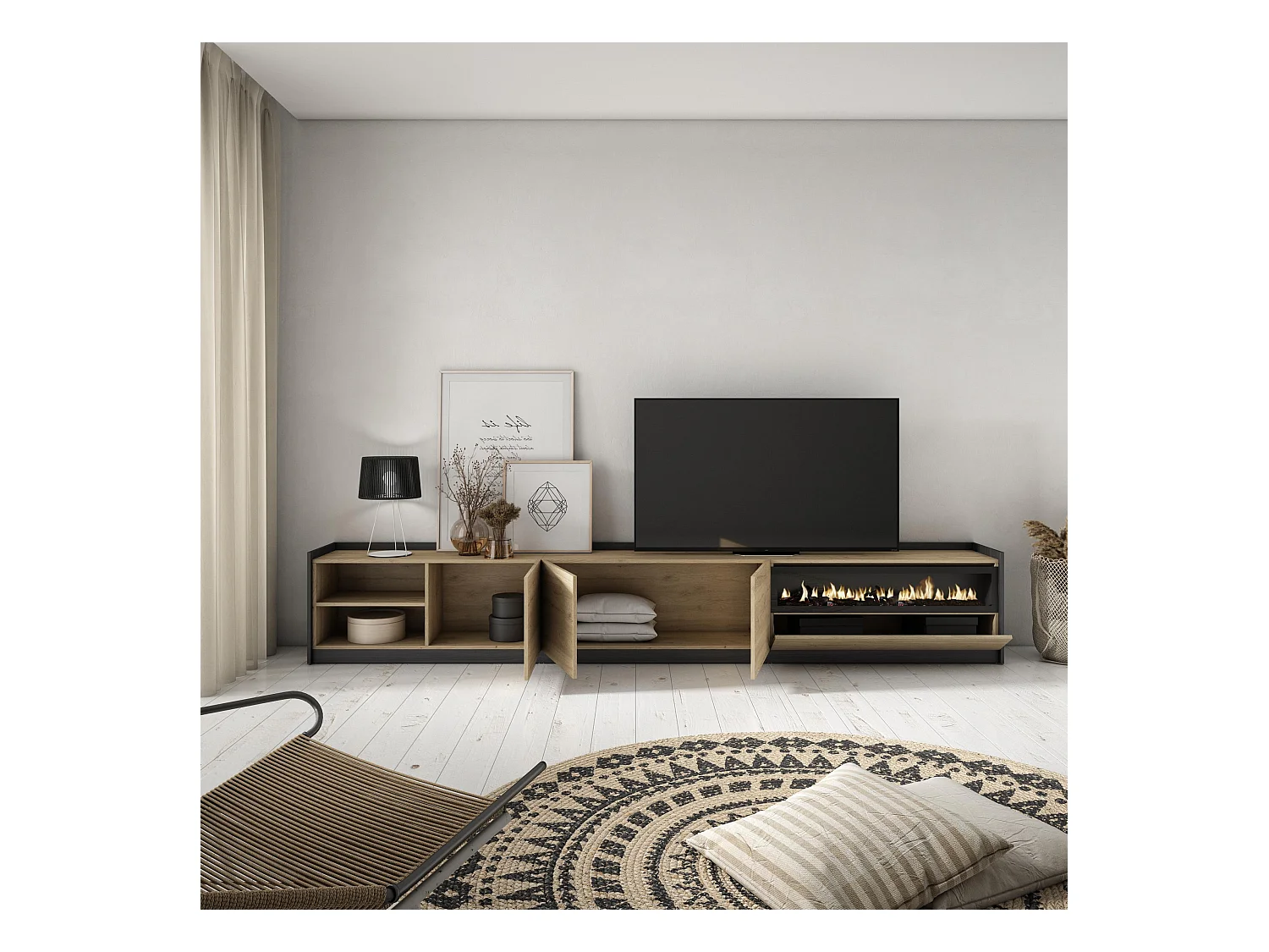 Meuble TV | Banc Télé, 310x50x37 cm, Pour les TV jusqu'à 80", Cheminée électrique, Chêne et noir