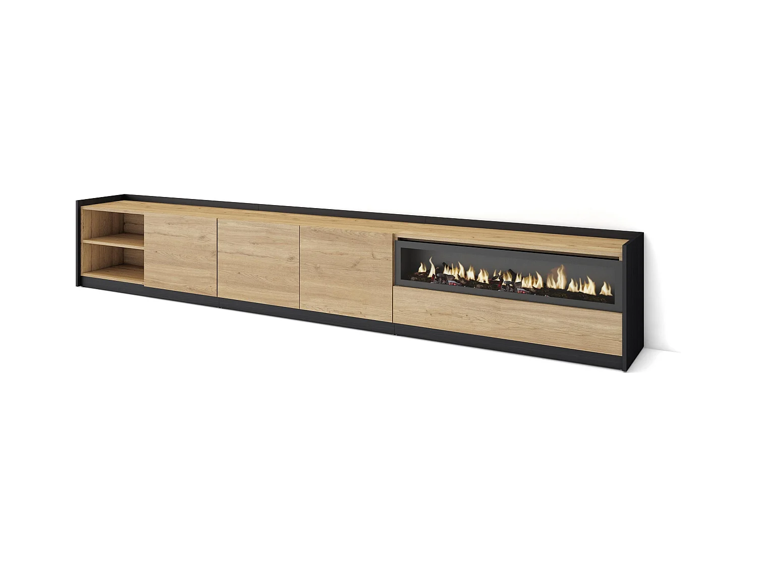 Mobile TV Soggiorno, 310x50x37 cm, Per TV fino a 80", Camino elettrico, Rovere e nero