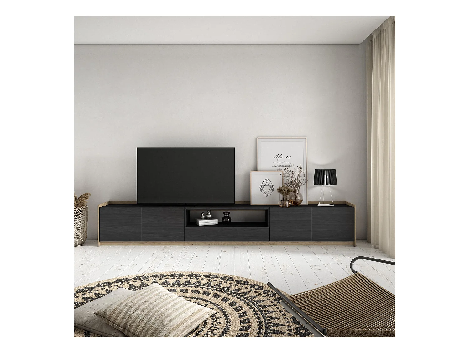 Meuble TV | Banc Télé, 310x50x37 cm, Pour les TV jusqu'à 80", Meubles de salon, Noir et chêne