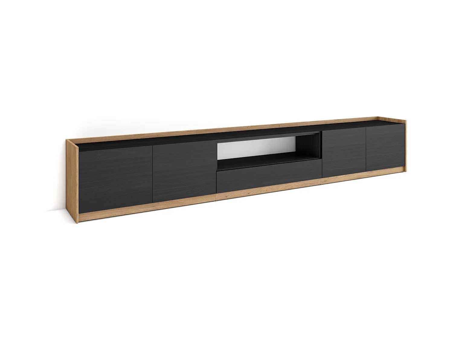 Meuble TV | Banc Télé, 310x50x37 cm, Pour les TV jusqu'à 80", Meubles de salon, Noir et chêne
