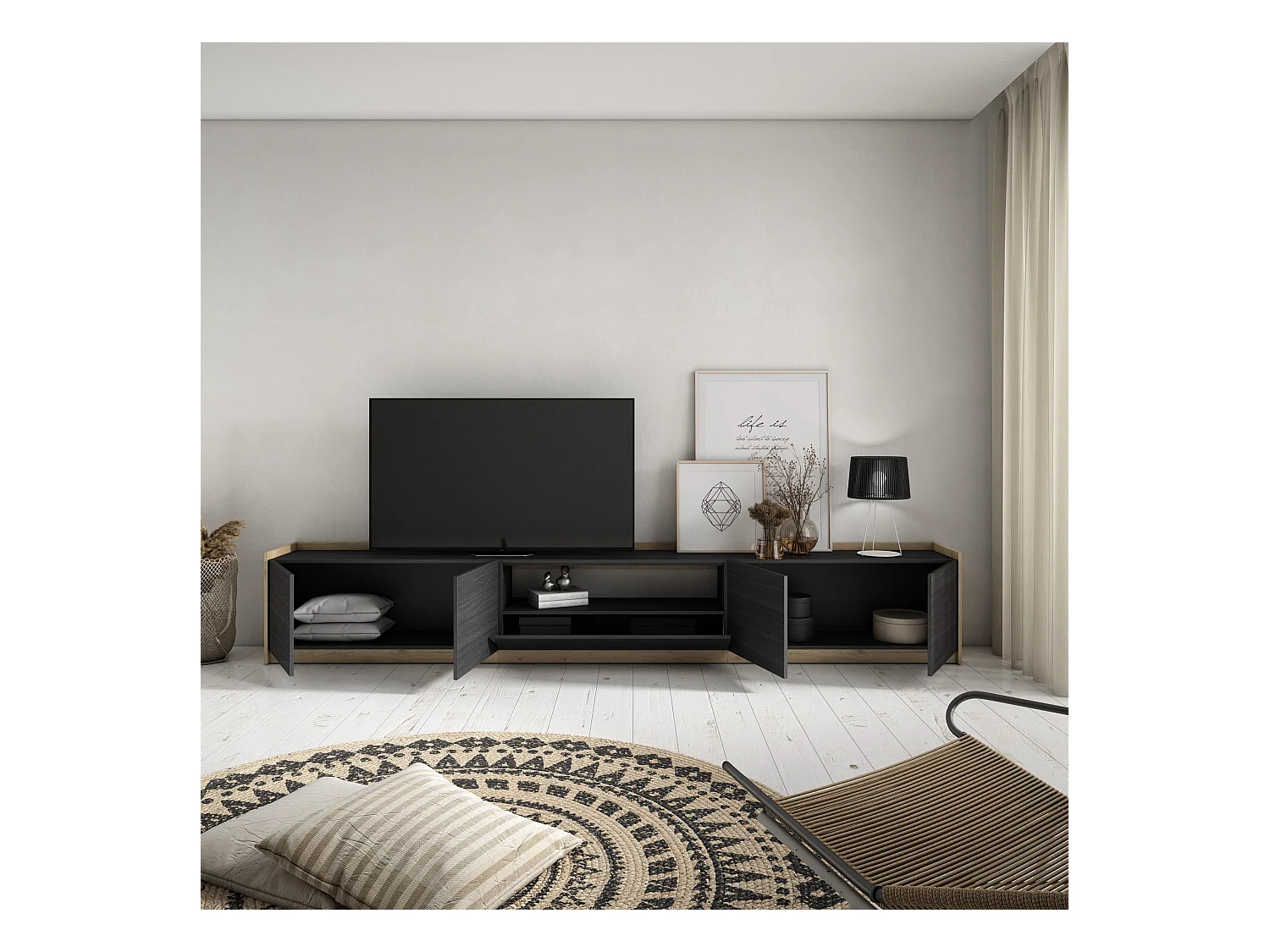 Meuble TV | Banc Télé, 310x50x37 cm, Pour les TV jusqu'à 80", Meubles de salon, Noir et chêne