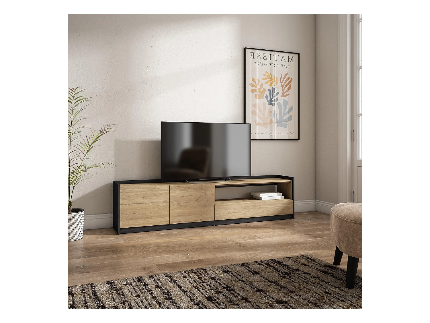 Meuble TV | Banc Télé, 207x50x37 cm, Pour les TV jusqu'à 80", Meubles de salon, Chêne et noir
