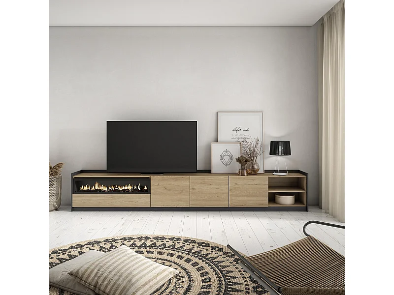 Meuble TV | Banc Télé, 310x50x37 cm, Pour les TV jusqu'à 80", Cheminée électrique, Chêne et noir