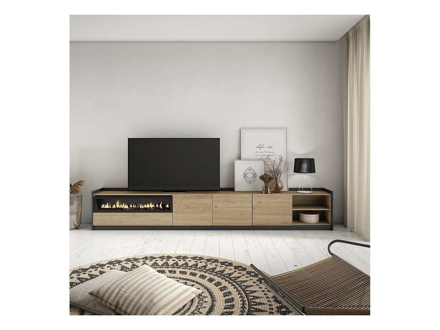 TV-Meubel, Lowboard, 310x50x37 cm, Voor tv's tot 80", Elektrische haard, Eiken/Zwart