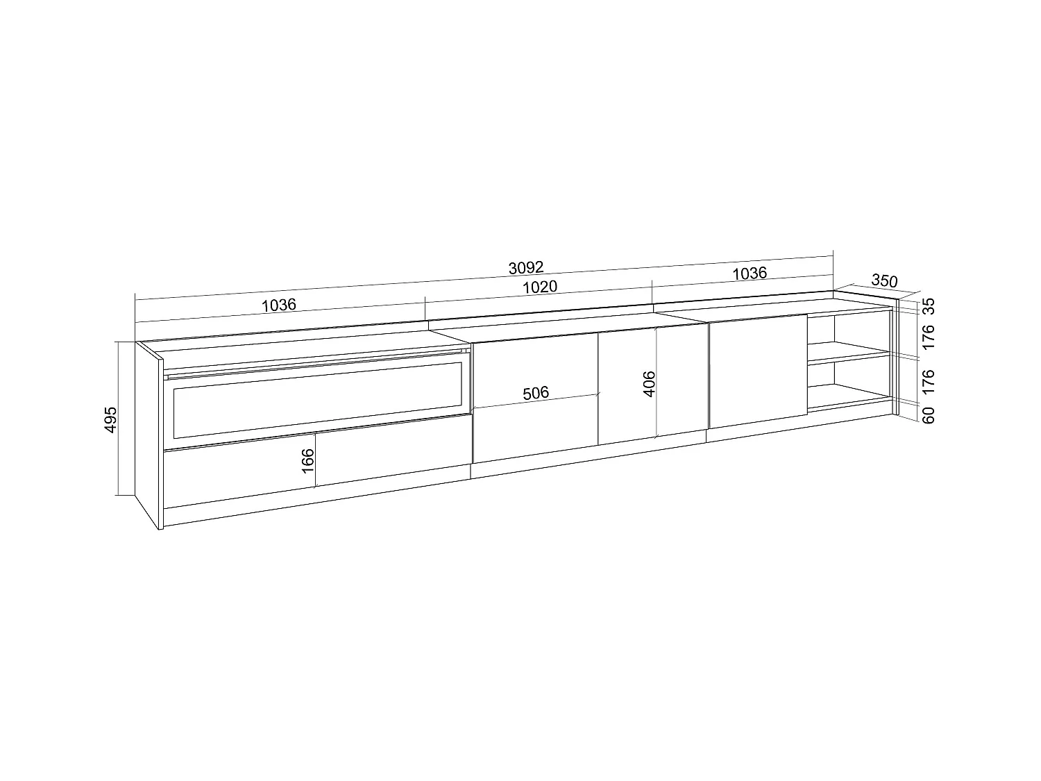 TV-Meubel, Lowboard, 310x50x37 cm, Voor tv's tot 80", Elektrische haard, Eiken/Zwart