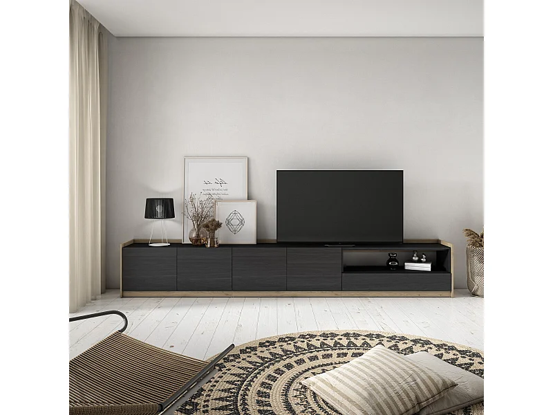 TV-Schrank, Lowboard, 310x50x37 cm, Für TV-Geräte bis zu 80", Fernsehtisch, Schwarz Eiche