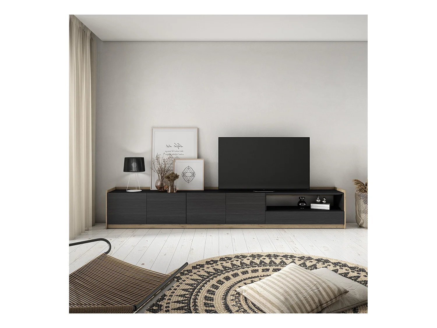 TV-Schrank, Lowboard, 310x50x37 cm, Für TV-Geräte bis zu 80", Fernsehtisch, Schwarz Eiche